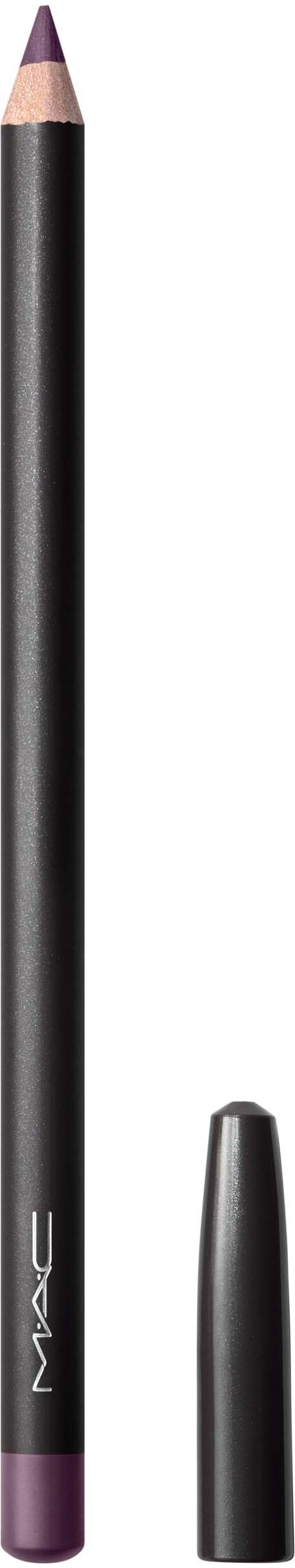 A black and purple pencil with the cap removed, showing the sharpened tip.