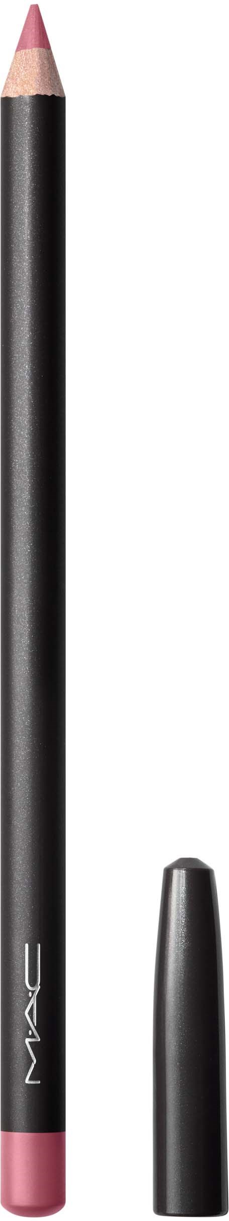A MAC lip pencil, black with pink tip and cap, standing upright with the cap removed.