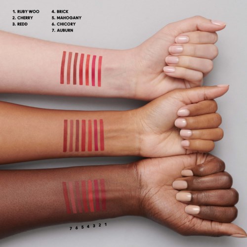 Swatches of lipstick shades with names and number codes on different skin tones.