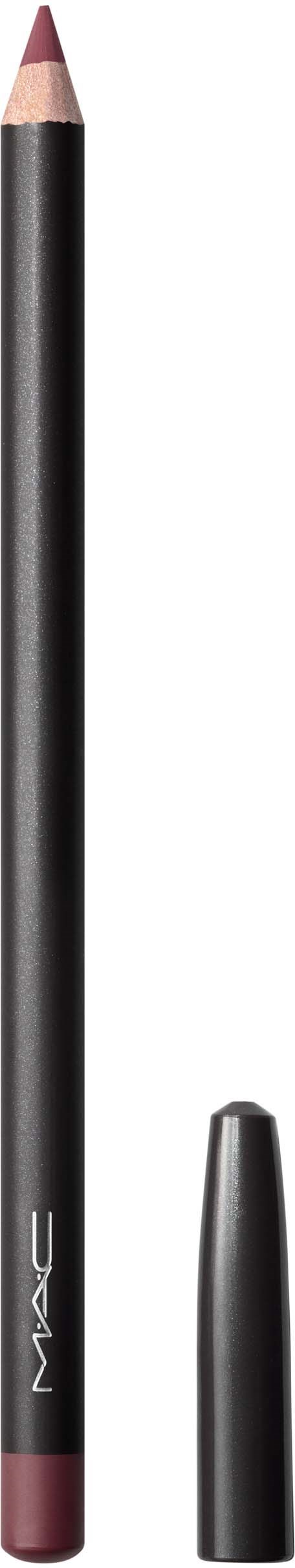A black lip pencil with a pinkish-brown tip and a cap placed beside it.
