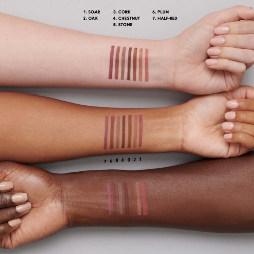 Four arms show swatches of different lipstick shades, labeled from 1 to 7 and 1 to 6, arranged horizontally.