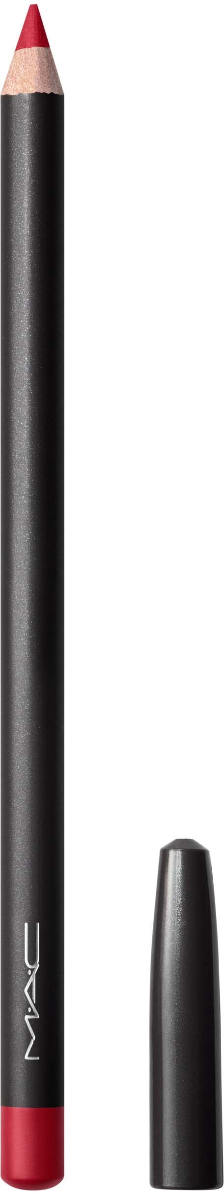 A makeup pencil with black and red colors, one sharpened tip, and a separate cap.