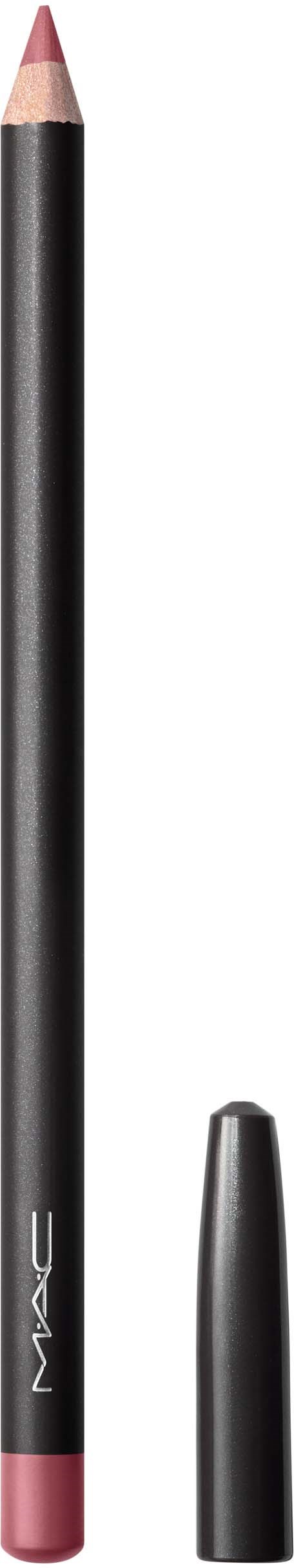 Pink lip liner pencil with cap removed, showing the tip, on a black and white background.