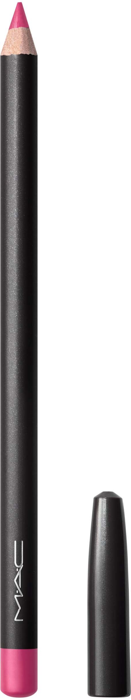 A pink and black makeup pencil with the cap removed, revealing the tip.
