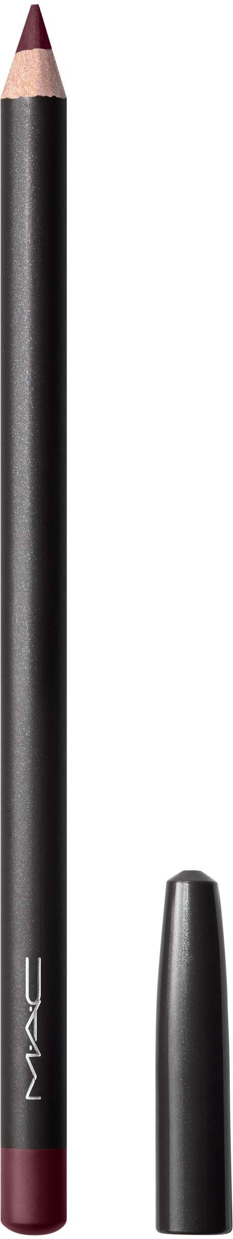 A lipstick pencil with a purple tip and black body, opened to show the tip. It is standing upright.