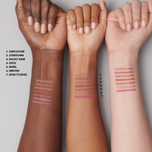 Three arms with different skin tones show lipstick swatches in various shades, labeled from 1 to 6.