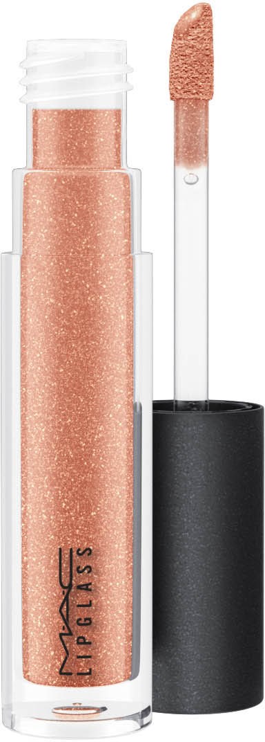 MAC:n glitterinen persikan värinen huulikiilto, jossa aplikaattori ja musta korkki.