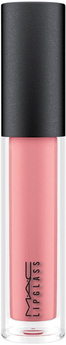 Pinkki huulikiilto pullo, jossa on musta korkki ja MAC-logo etuosassa.