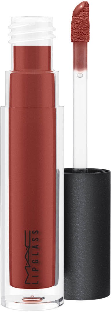 En MAC läppstift med svart lock, visar en varm, brunskapshylla färg med applikatorn upp. 