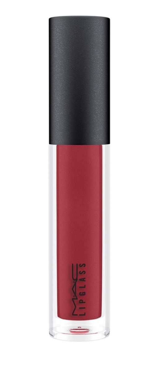 En MAC lipglossflaska med svart lock och rosa läppglans inuti.