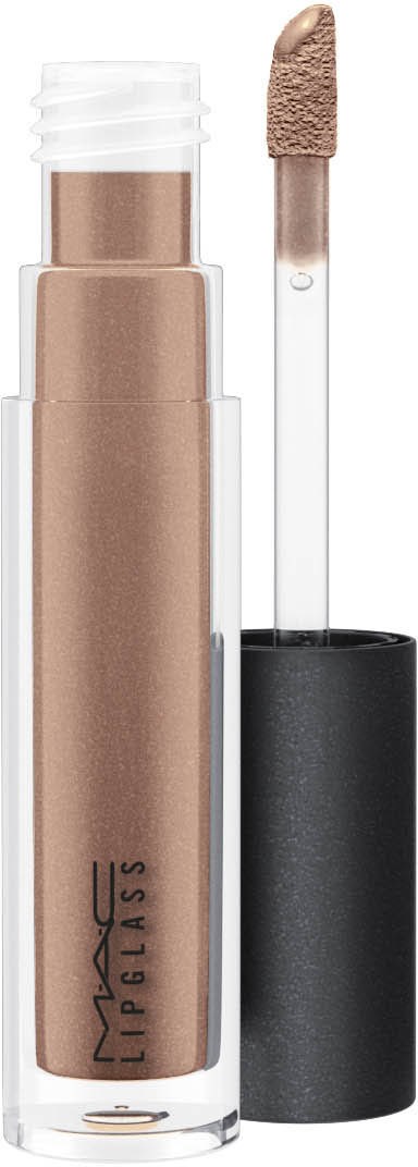 MAC Lipglass vaaleanbeige sävyssä, kirkas korkki ja levityssivellin.