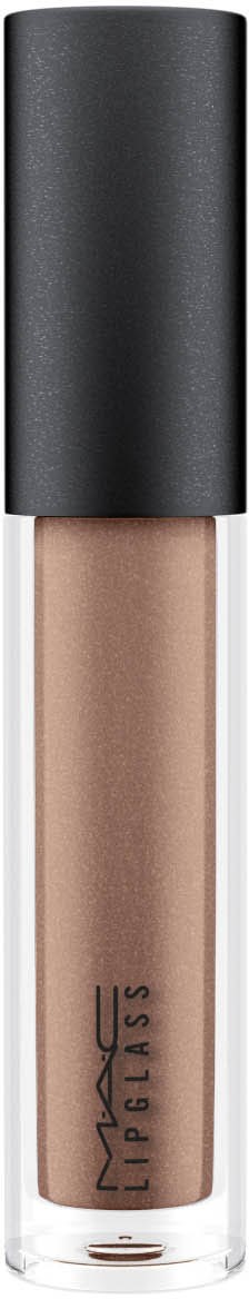 MAC Lipglass -putki, jossa musta korkki ja läpinäkyvä alaosa, näkyvissä beige huulikiilto.