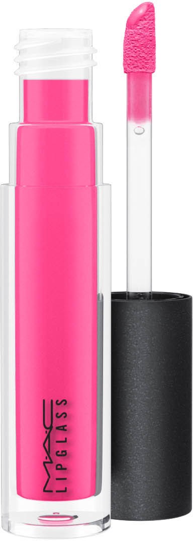 Pink läppglansrör med svart lock och applikator som visar rosa gloss.