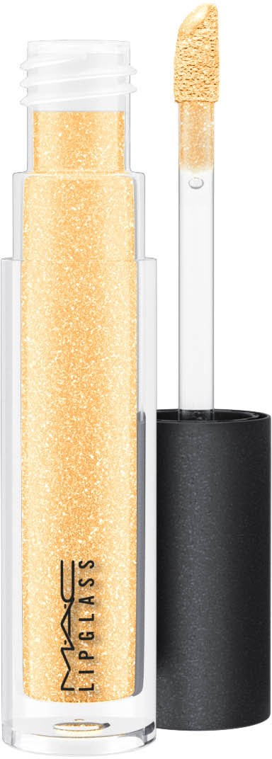 En tydlig röret med guldfärgad glansglitter inuti och en svart lock med applikator. MAC IMPACT LIP GLOSS-etiketten.
