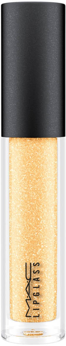 En tydlig flaska med guldglitter och svart lock, märkt MAC Glass.