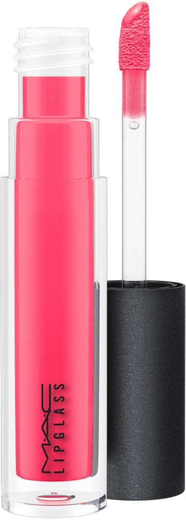 Rosa flytande läppstift i en klar tub med svart lock och applikator med rosa produkt.