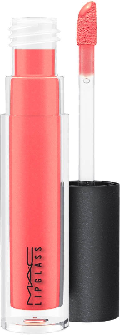 En korallfärgad flytande läppstift i en genomskinlig tub med svart lock och applikatorborste.
