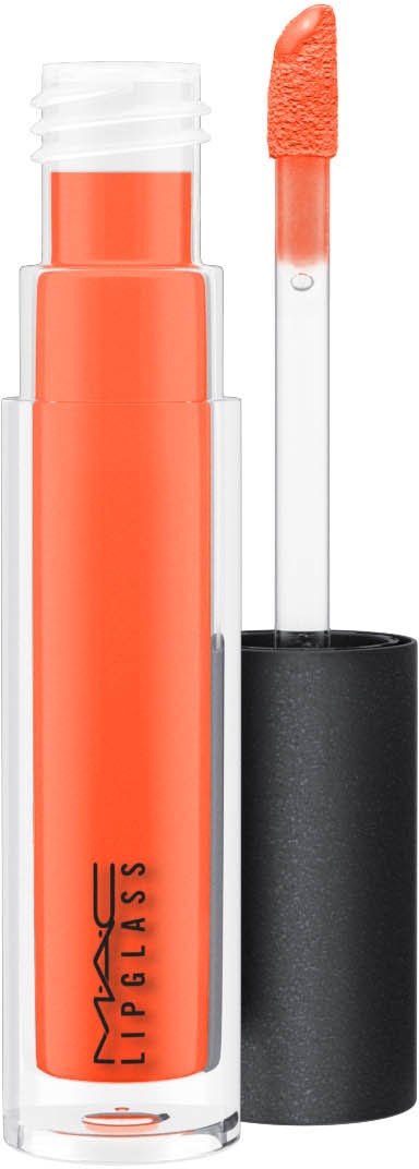 Orange läppglans med klar lock och applikator. MAC IMPULS varumärke syns på tuben.