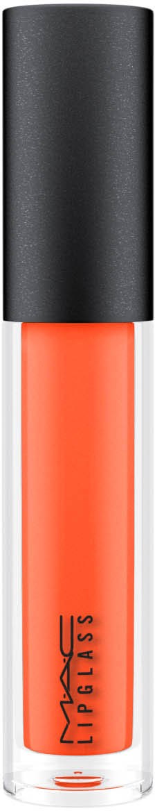 Ett klart rör med ljus orange läppglans och svart lock, märkt MAC i svart text.