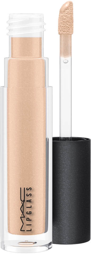 En beige MAC Impulse läppglans med borstapplicator och genomskinlig tub, står upprätt med svart lock.