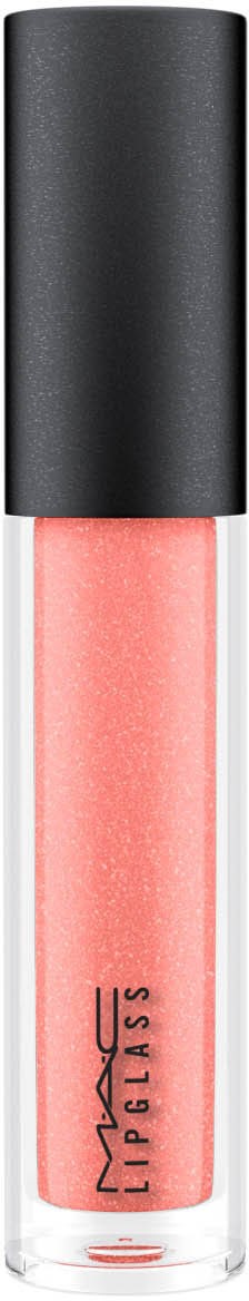 En läppglansrör med svart lock och rosa gloss inuti.