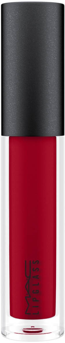 Ein roter Lippenstift in einem transparenten Tube mit schwarzem Deckel, beschriftet 'Matte'.