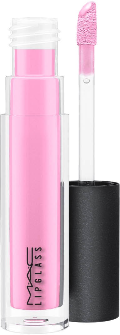 Ett rosa flytande läppstift med genomskinlig topp och svart bas, märkt 'MAC IMPRESS LIPS', och en rosa applikator.