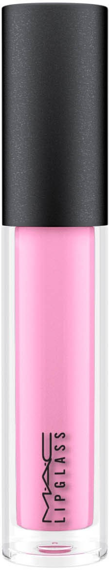 Ett MAC läppstift i en klar tub med svart lock, som visar rosa läppstift inuti.