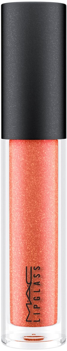 En läppglansrör med rosa gloss inuti, svart lock, genomskinlig kropp som visar produkten och MAC-loggan på sidan.
