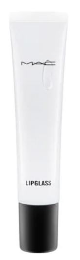 A white tube with a black bottom, labeled MAC Lipglass, stands vertically.