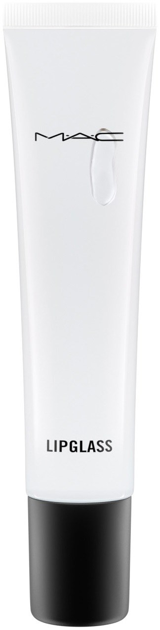 A white tube with a black cap labeled MAC Lipglass. It is a cosmetic product for lips.