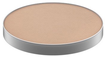 A round, beige powder or makeup in a silver container with a flat surface.