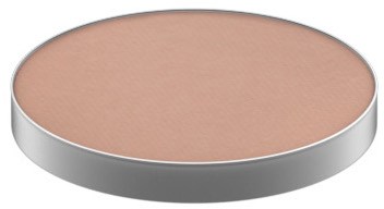 A round makeup compact with beige powder inside, silver-colored case, no label or text.