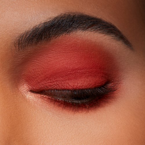 A closed eye with makeup in shades of red and black, thick eyebrow, and smooth skin.