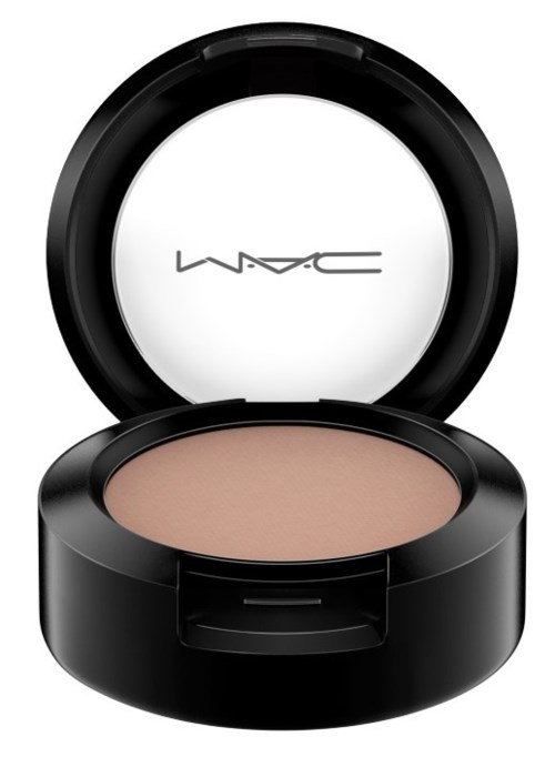 A compact makeup container with beige powder and a mirror inside the lid.