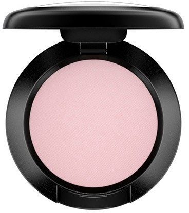 A round, pink pressed powder in a black compact with a lid. Looks like makeup.
