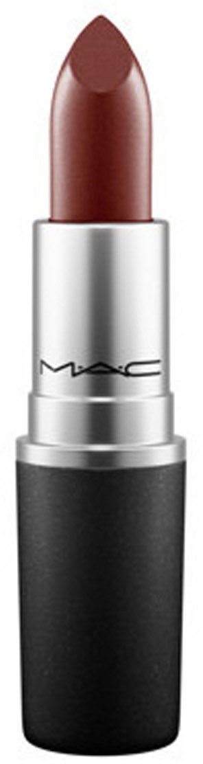 En MAC-läppstift i ett silverfodral med brunt färg synligt. Enkel och elegant design.