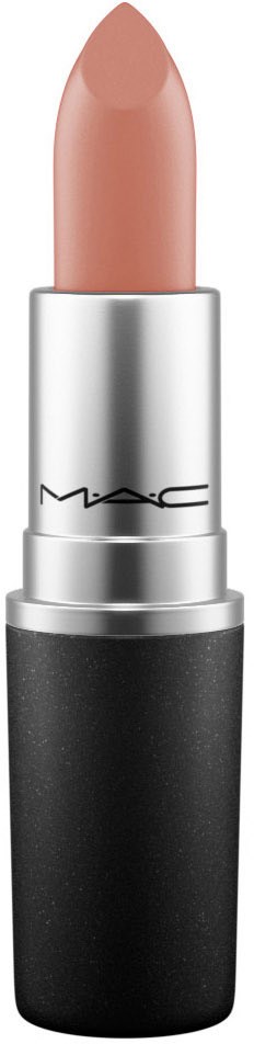 En beige läppstift i ett silver och svart förråd, märkt MAC, står upp.