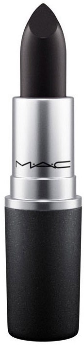 En svart läppstift i ett silver- och svart rör med MAC-loggan. Den står upprätt och är ny.