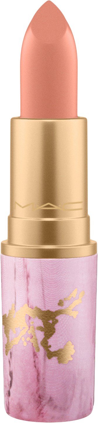 En läppstift med beige färg och ett rosa och guldaktigt hölje.