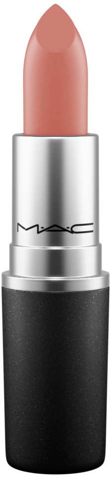 Ett MAC läppstift i nude färg med en silver- och svart tub.