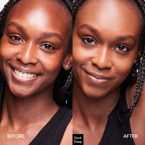 Two women with braided hair smiling, showing a change in skin tone from lighter to darker after a skincare product.
