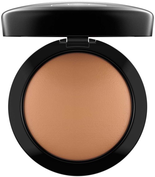 A compact with a light brown pressed powder, lid open, designed for makeup application.