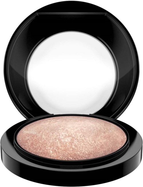 A round makeup compact with a shiny black case, open to show pinkish shimmer powder inside.