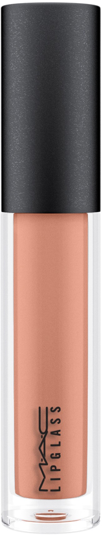 En likör för läppar i en genomskinlig flaska med svart lock, märkt MAC Lipglass.