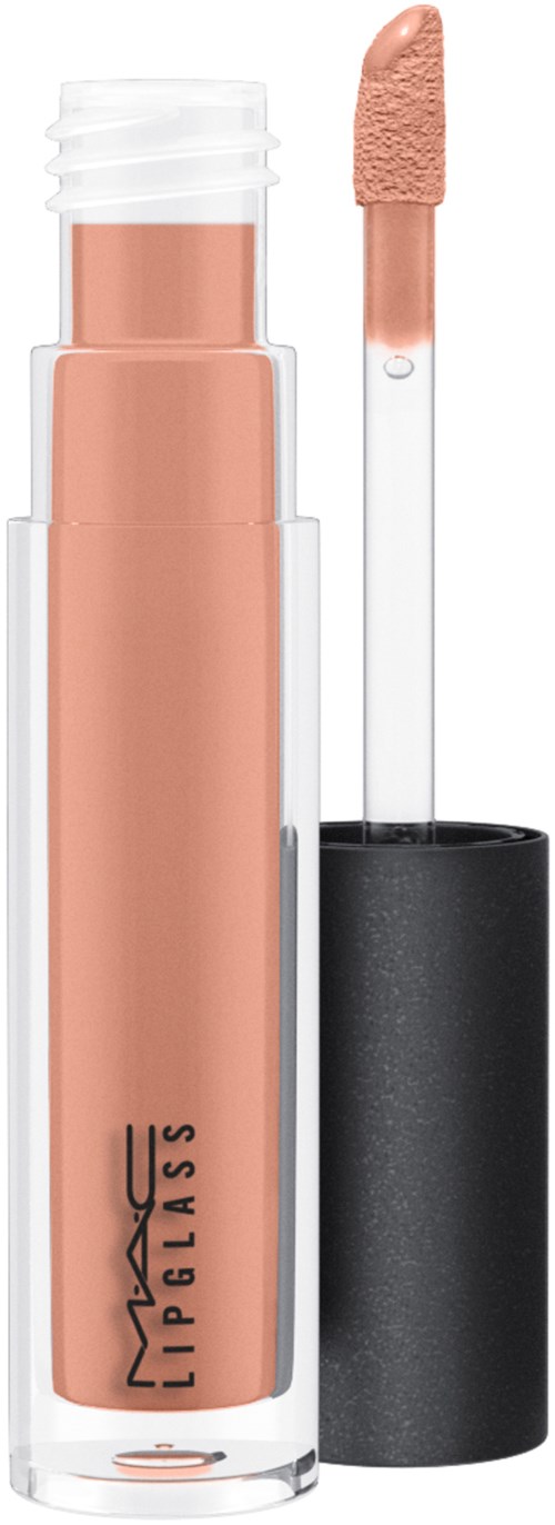 En beige flytande läppstift från MAC, med applicatorn borttagen och vilande på locket.