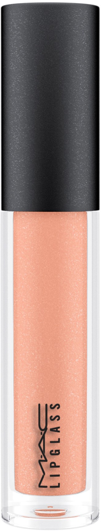 En tub med MAC Lipglass med svart lock och persikofärgad gloss inuti.