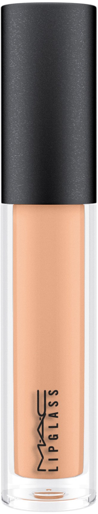 En MAC Lipglass-tub med klar persikofärgad gloss och svart lock.