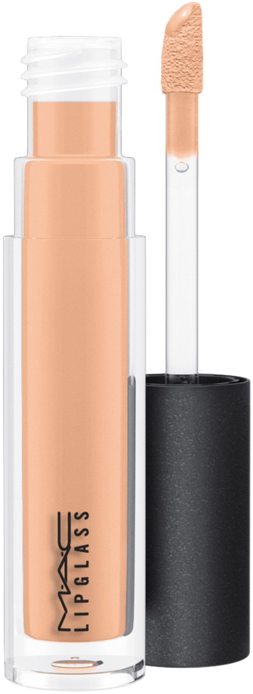 En beige flytande concealer-rör med en applicator som visar en krämig textur, märkt MAC IMPRESS. Genomskinlig behållare och svart lock.