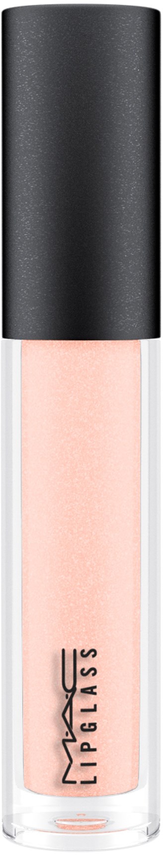 Ett läppglansrör med svart lock och rosa gloss inuti. MAC-loggan finns på röret.